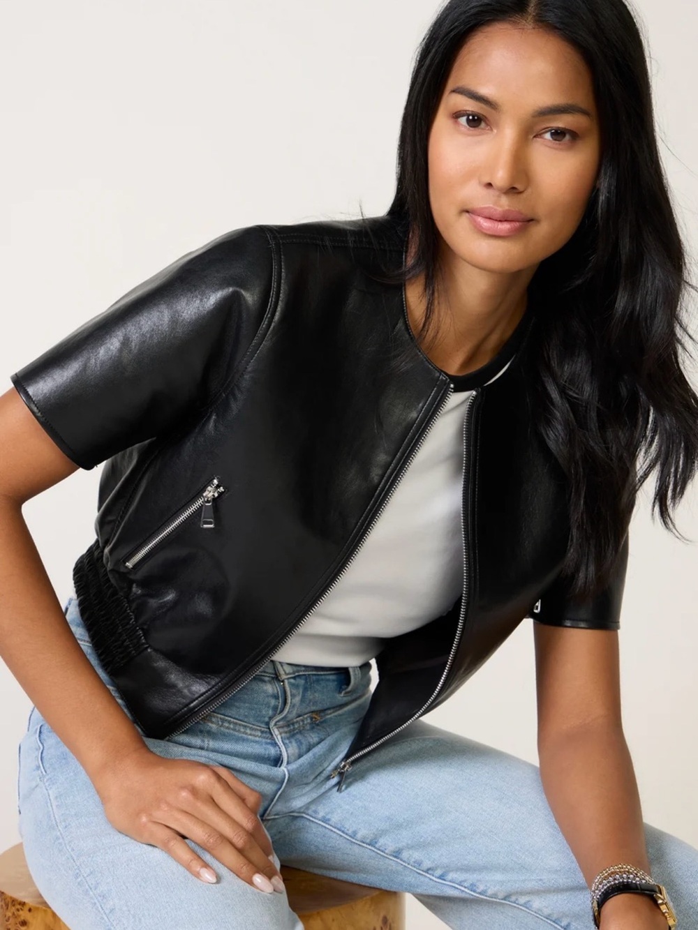 Evereve Billie Leather Bomber Black Short Sleeve Jacket - new